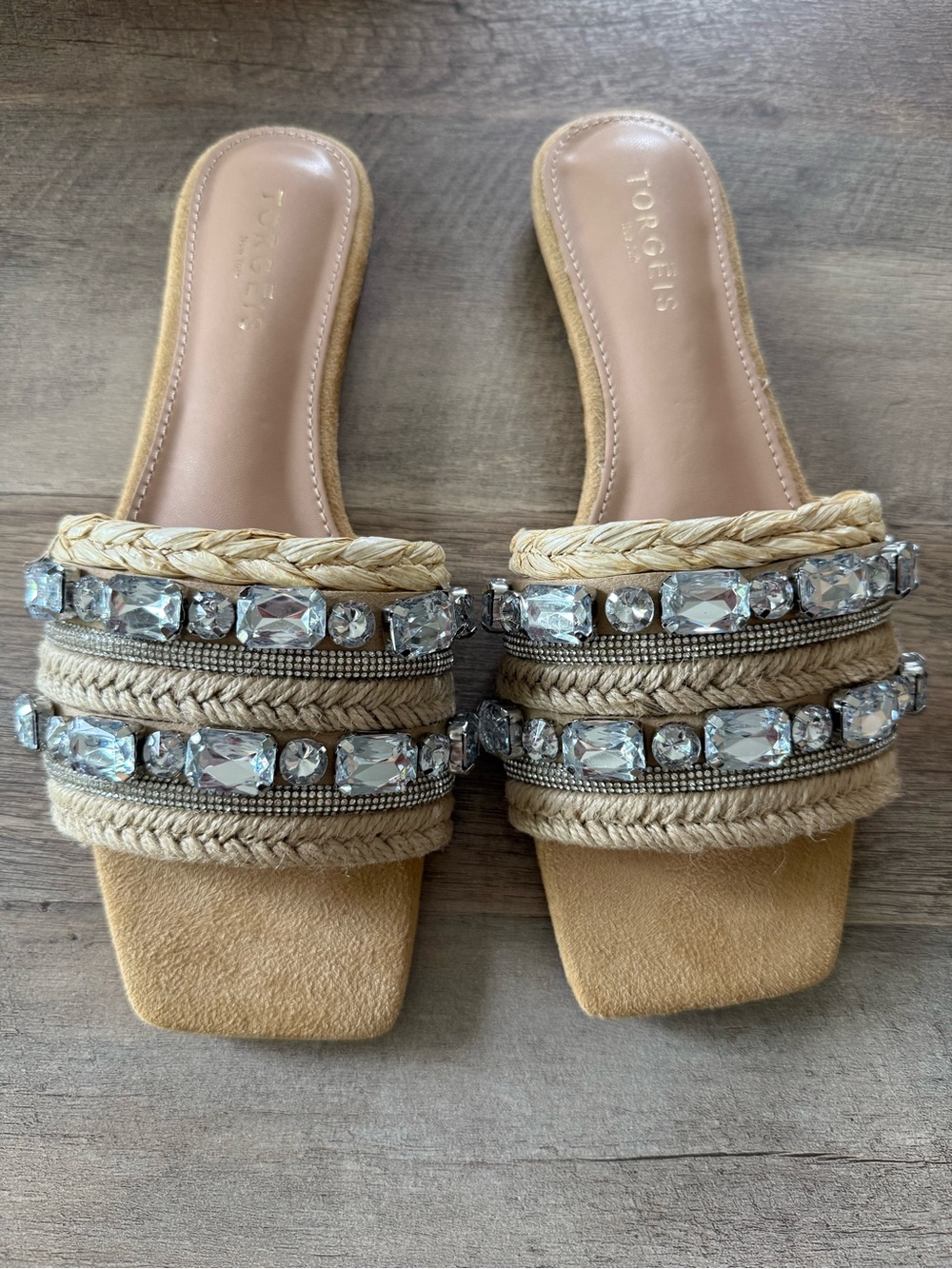 Tan Braided Trogēis Women's Slide Sandals with Jewels